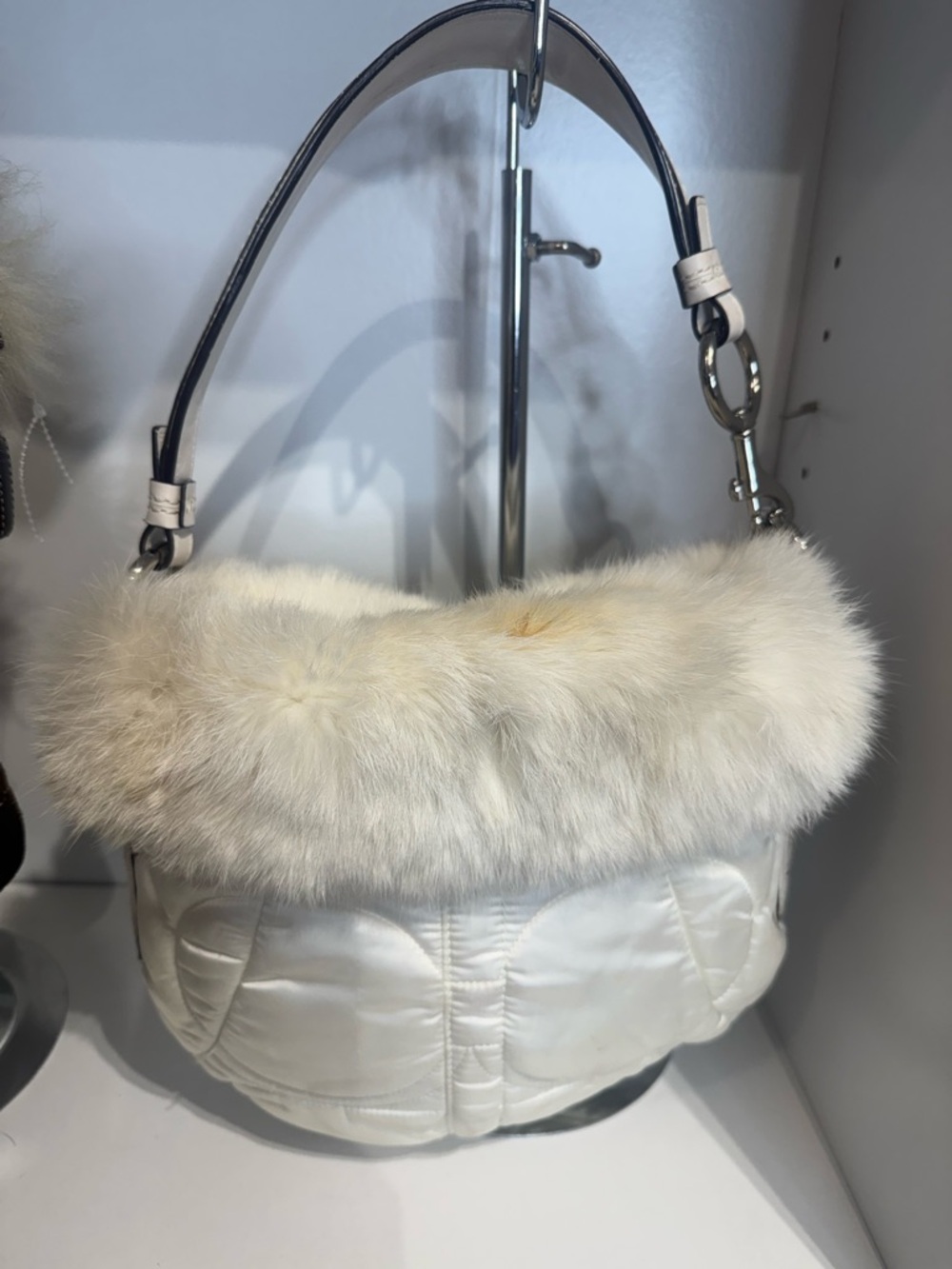 Coach Cream Faux Fur-Trim Quilted Shoulder Bag